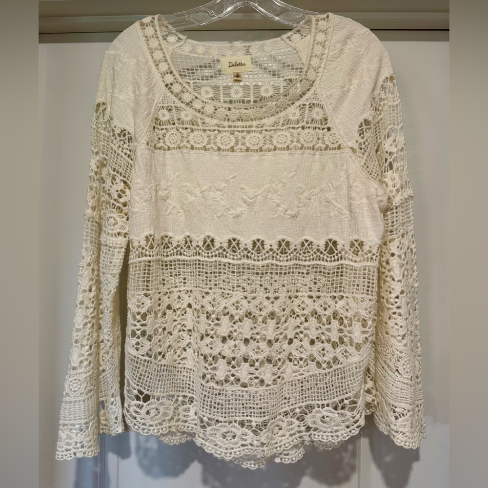 Anthropologie Deletta‎ Cream Crochet Lace Long-Sleeve Top EUC Size S